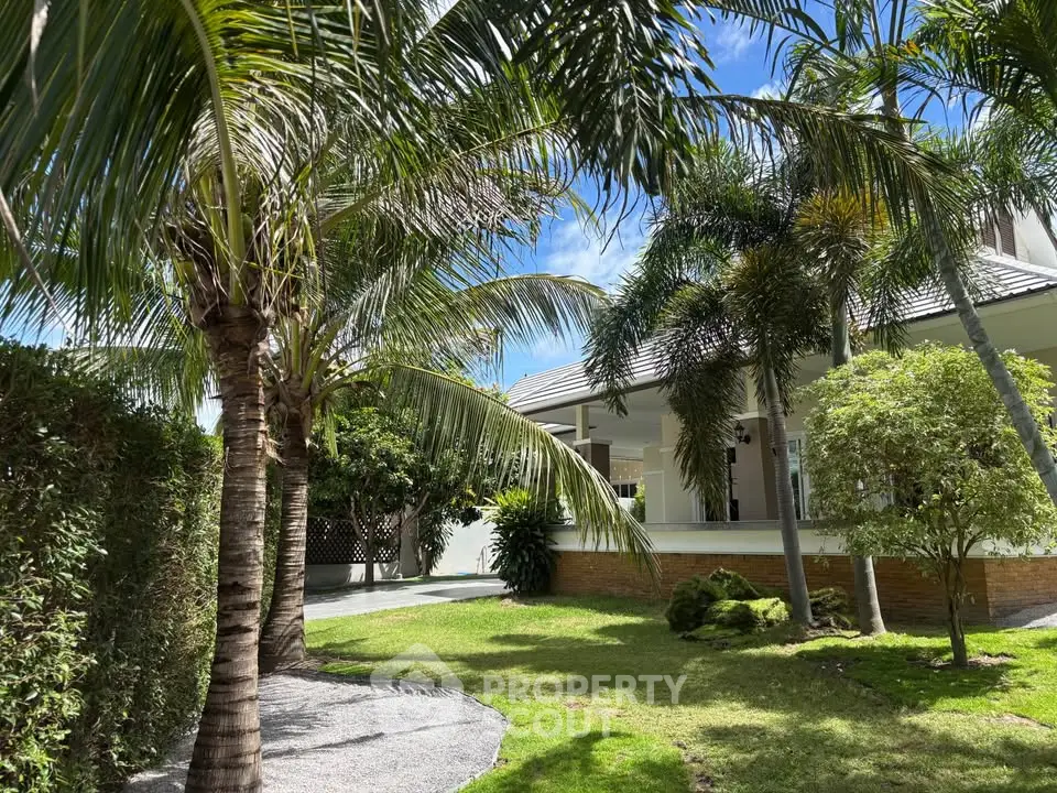 Beautiful tropical garden with lush palm trees and modern house exterior, perfect for serene living.