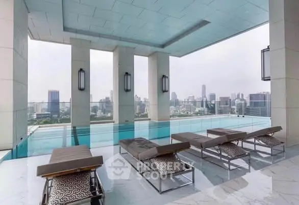 Luxurious rooftop pool with stunning city skyline view and modern lounge chairs.