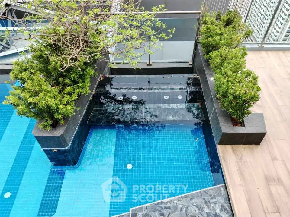 Luxurious rooftop pool with modern design and city view, perfect for relaxation and leisure.