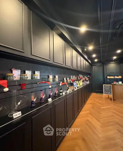 Stylish modern interior with sleek black cabinetry and warm wood flooring