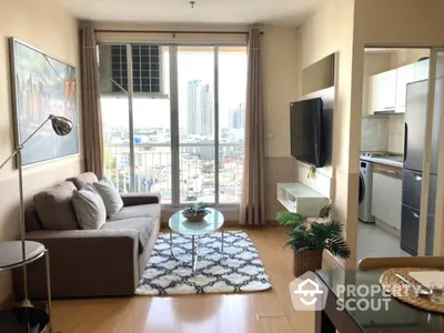 Modern living room with city view, stylish decor, and open kitchen layout in urban apartment.