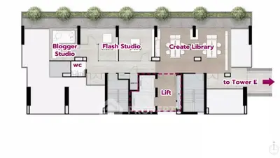 Modern floor plan with blogger studio, flash studio, and create library.