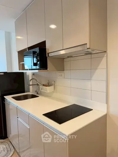 Modern kitchen with sleek cabinetry and electric cooktop in a compact layout.