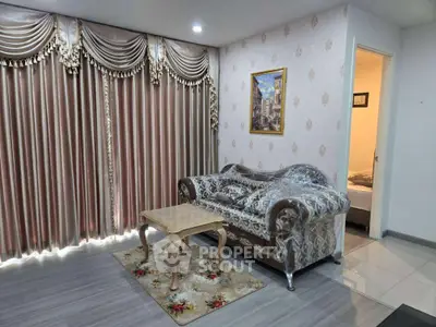 Luxurious living room with elegant drapes and ornate sofa, perfect for sophisticated living.