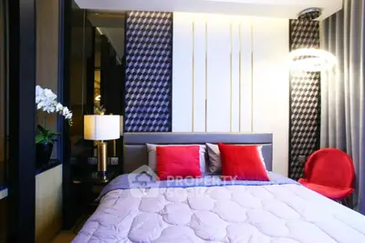 Luxurious modern bedroom with stylish decor and ambient lighting