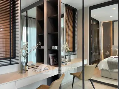 Modern bedroom with stylish study area and elegant decor