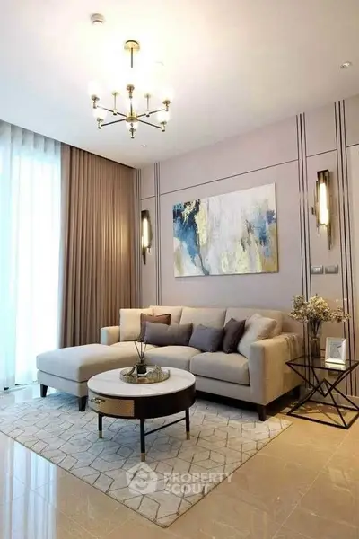 Elegant living room with modern decor and cozy seating area