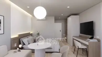 Modern studio apartment with stylish decor and cozy ambiance, featuring a comfortable bed and sleek furniture.