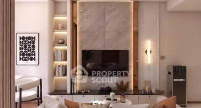 Modern living room with stylish decor, built-in shelves, and a sleek TV setup, perfect for contemporary living.