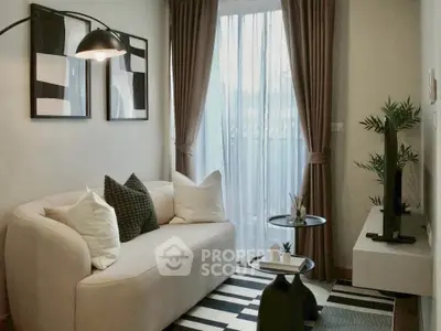 Stylish modern living room with cozy sofa, elegant decor, and natural light through large window.