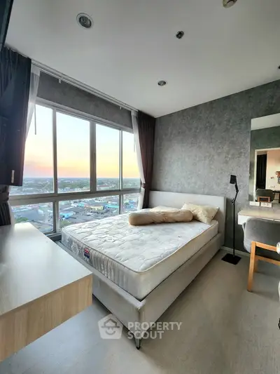 Modern bedroom with stunning city view and stylish decor