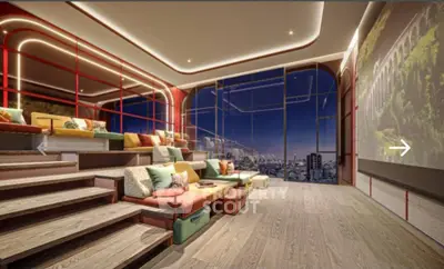 Luxurious modern living room with panoramic city view and stylish seating area.