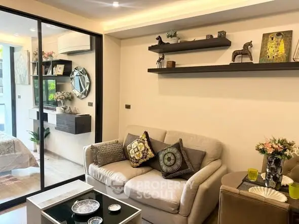 Chic living room with modern decor and cozy seating in a stylish apartment
