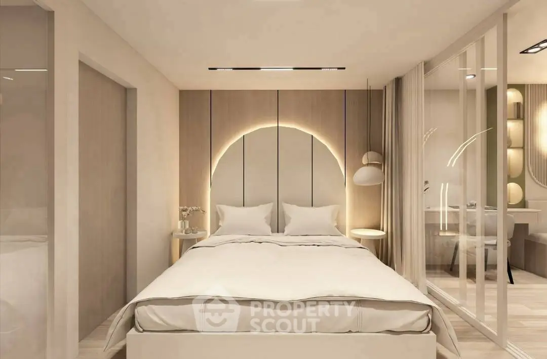 Luxurious modern bedroom with elegant lighting and stylish decor