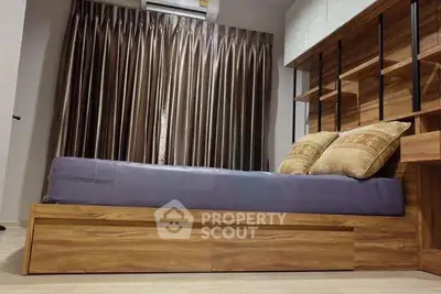 Modern bedroom with stylish wooden bed and elegant curtains