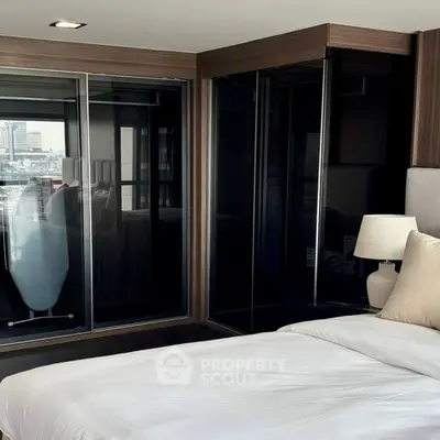 Luxurious modern bedroom with city view and sleek design