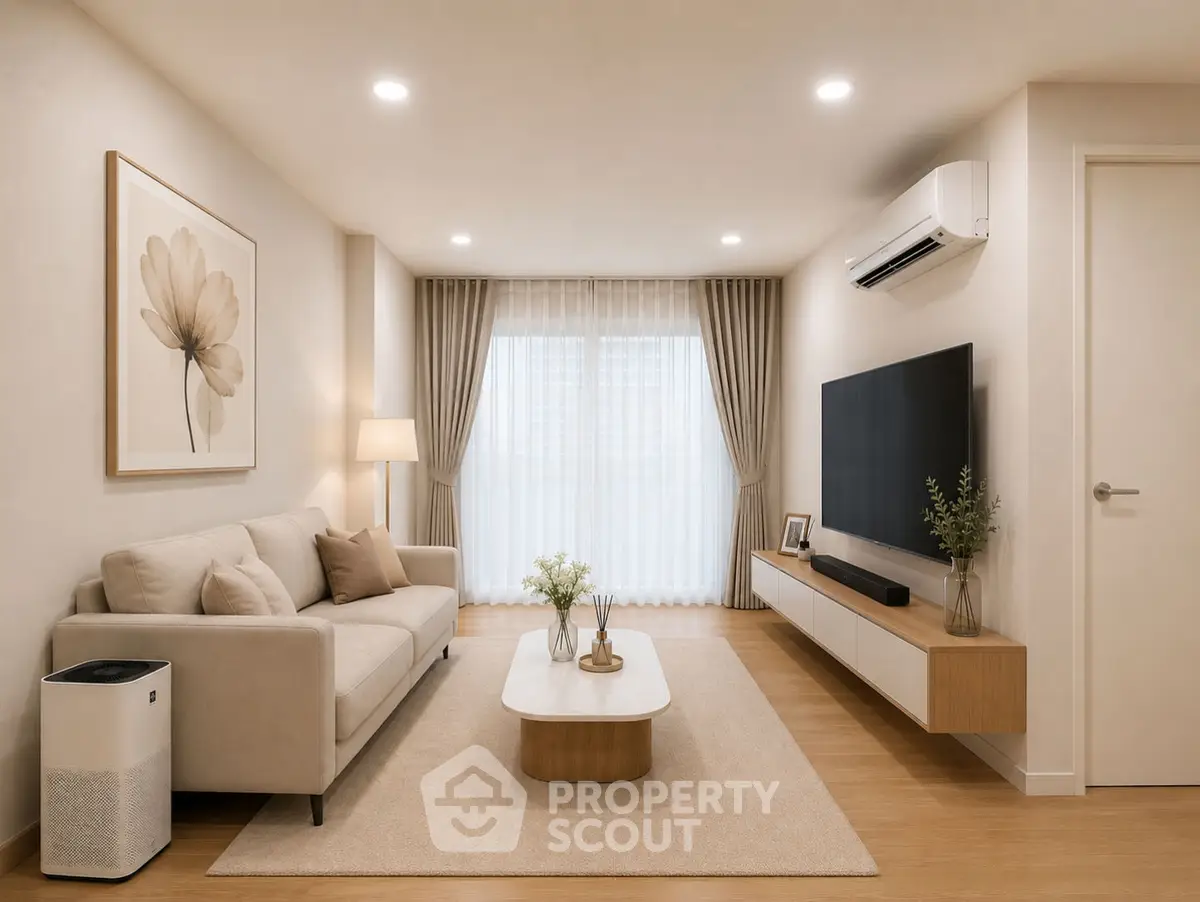 Modern living room with elegant decor, featuring a cozy sofa, large TV, and stylish coffee table.