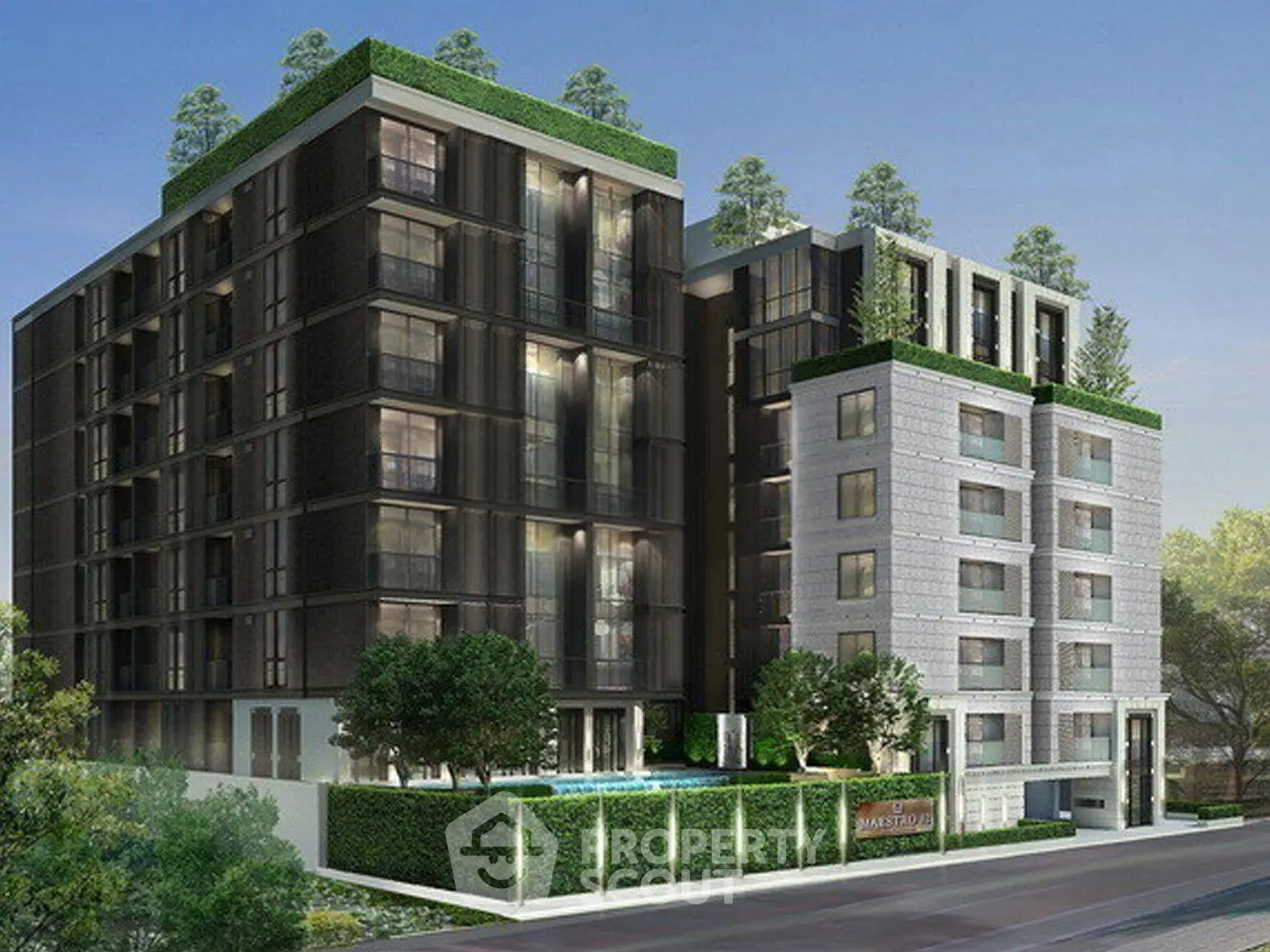 Modern luxury apartment building with lush greenery and sleek design.