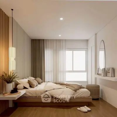 Modern bedroom with elegant decor, featuring a cozy bed, stylish lighting, and wooden flooring.