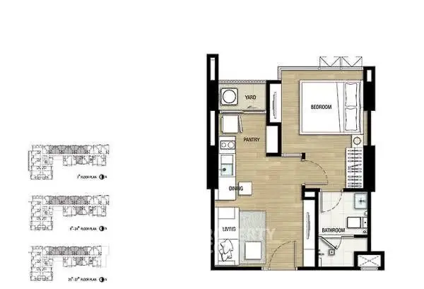 Modern apartment floor plan with bedroom, living area, and bathroom layout.