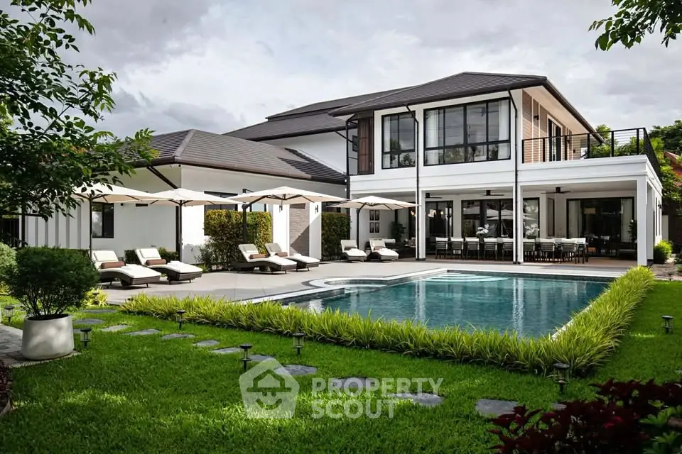 Luxurious modern villa with private pool and lush garden, perfect for relaxation and entertaining.