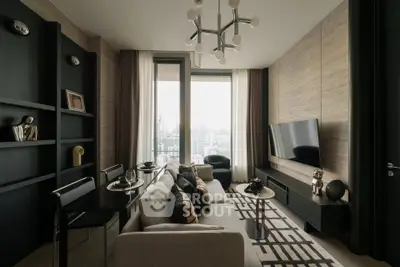 Modern living room with city view, stylish decor, and sleek furniture in a high-rise apartment.