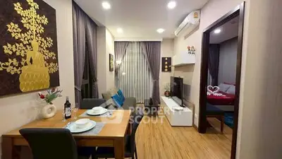 Chic modern living room with dining area and cozy bedroom in stylish apartment