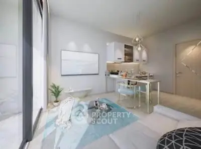Modern open-plan living room with stylish kitchen and large window view.
