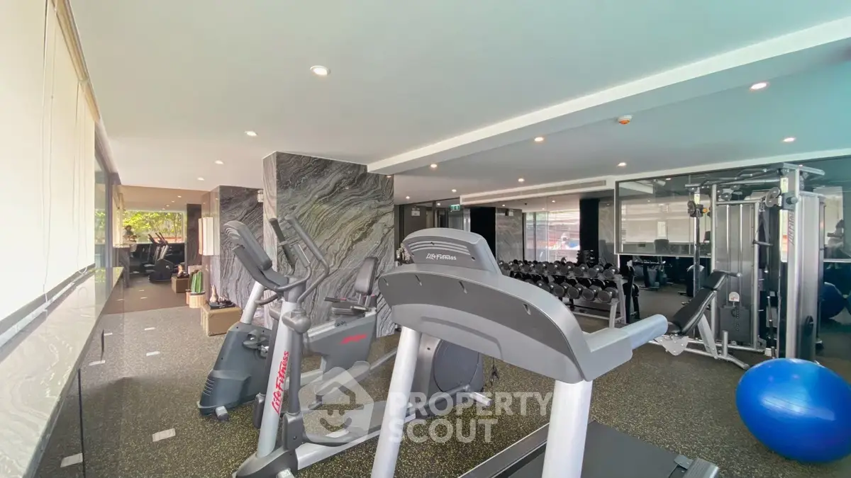 Spacious modern gym with state-of-the-art equipment and natural lighting.