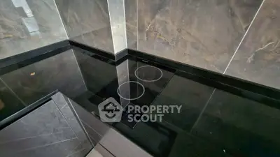Modern kitchen with sleek black countertops and electric cooktop