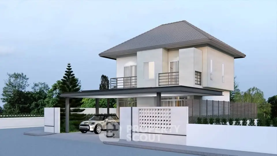 Modern two-story house with sleek design and spacious carport in a serene neighborhood.