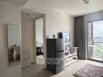 Modern apartment interior with fridge and balcony view
