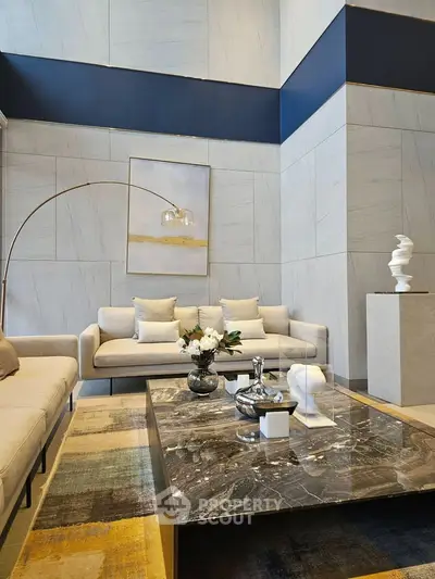 Luxurious modern living room with elegant marble coffee table and stylish decor