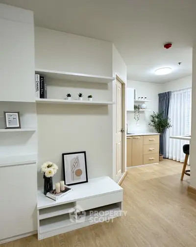 Modern minimalist apartment interior with open kitchen and stylish decor