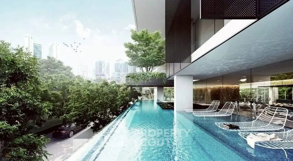 Luxurious modern building with stunning infinity pool and city skyline view.