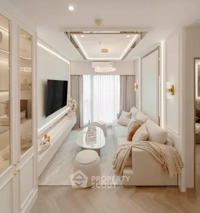 Luxurious living room with elegant decor and cozy seating in modern apartment.
