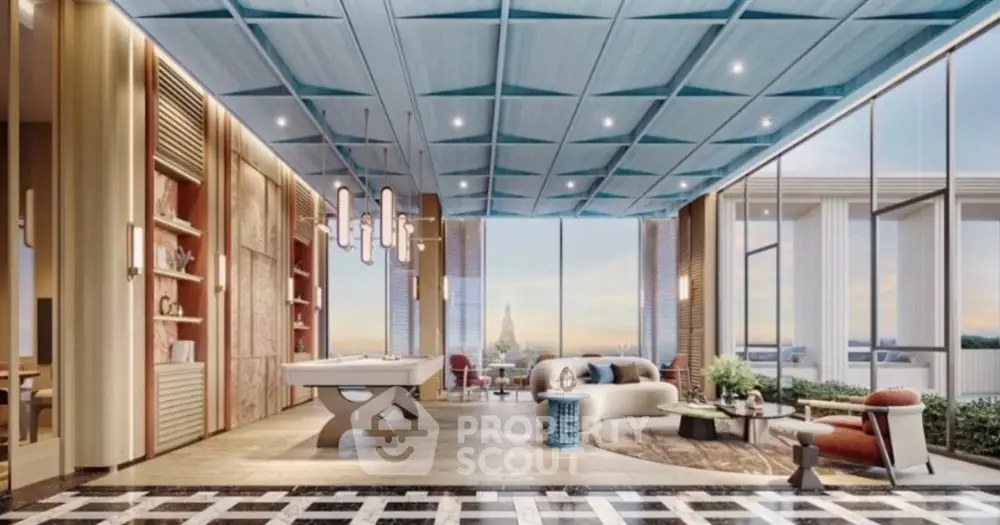 Luxurious modern living room with panoramic city view and stylish decor