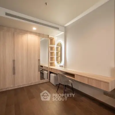 Elegant study room with modern wooden furniture and ambient lighting