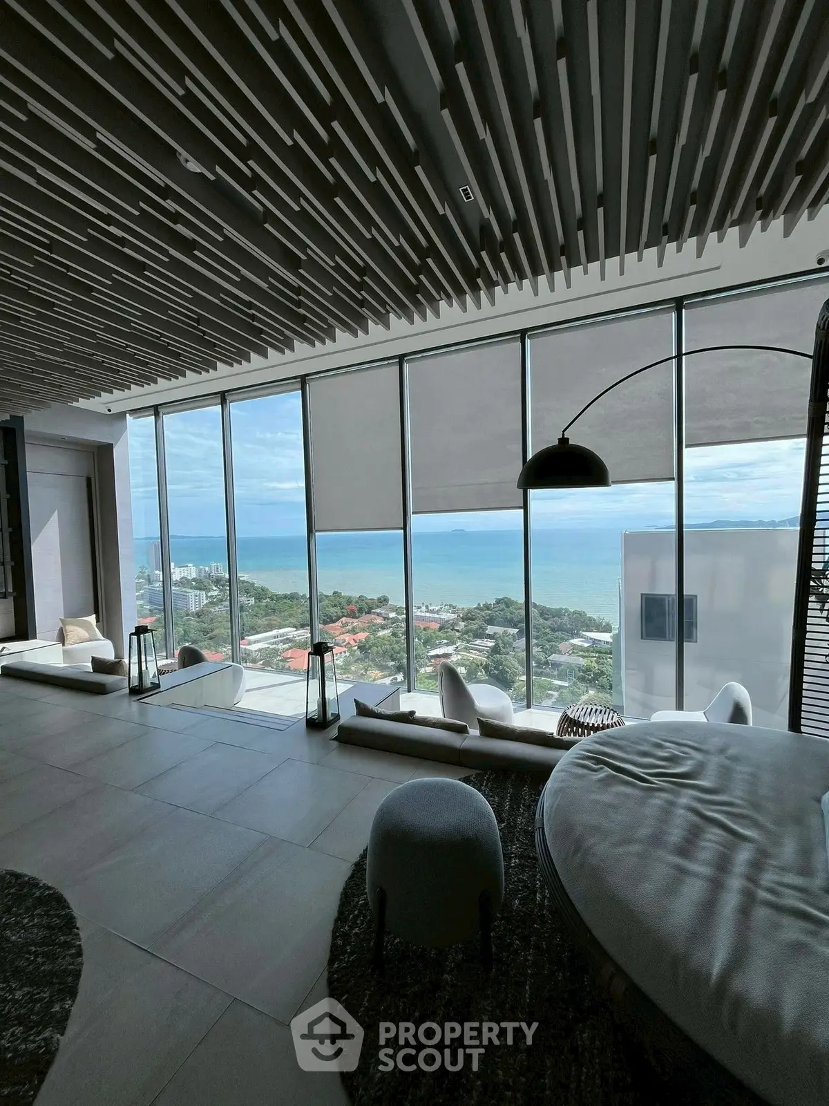 Luxurious living room with panoramic ocean view and modern decor