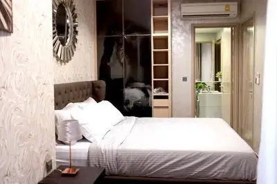 Cozy bedroom with modern decor and built-in storage