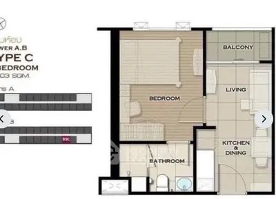 Modern apartment floor plan with bedroom, living area, kitchen, and balcony for urban living.