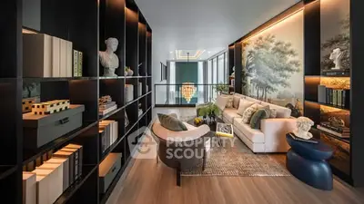 Luxurious living room with elegant decor and floor-to-ceiling bookshelves.