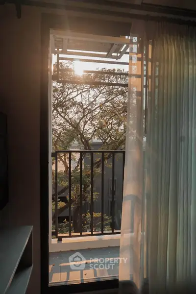 Charming balcony view with sunlight filtering through trees, perfect for relaxation and enjoying nature.