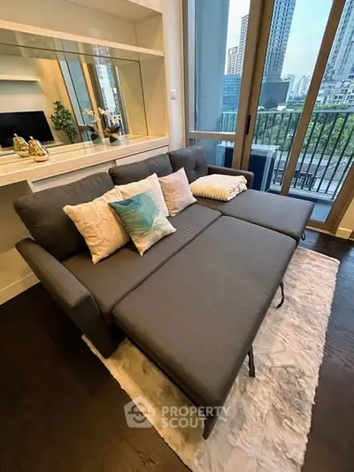 Modern living room with stylish sofa and city view balcony