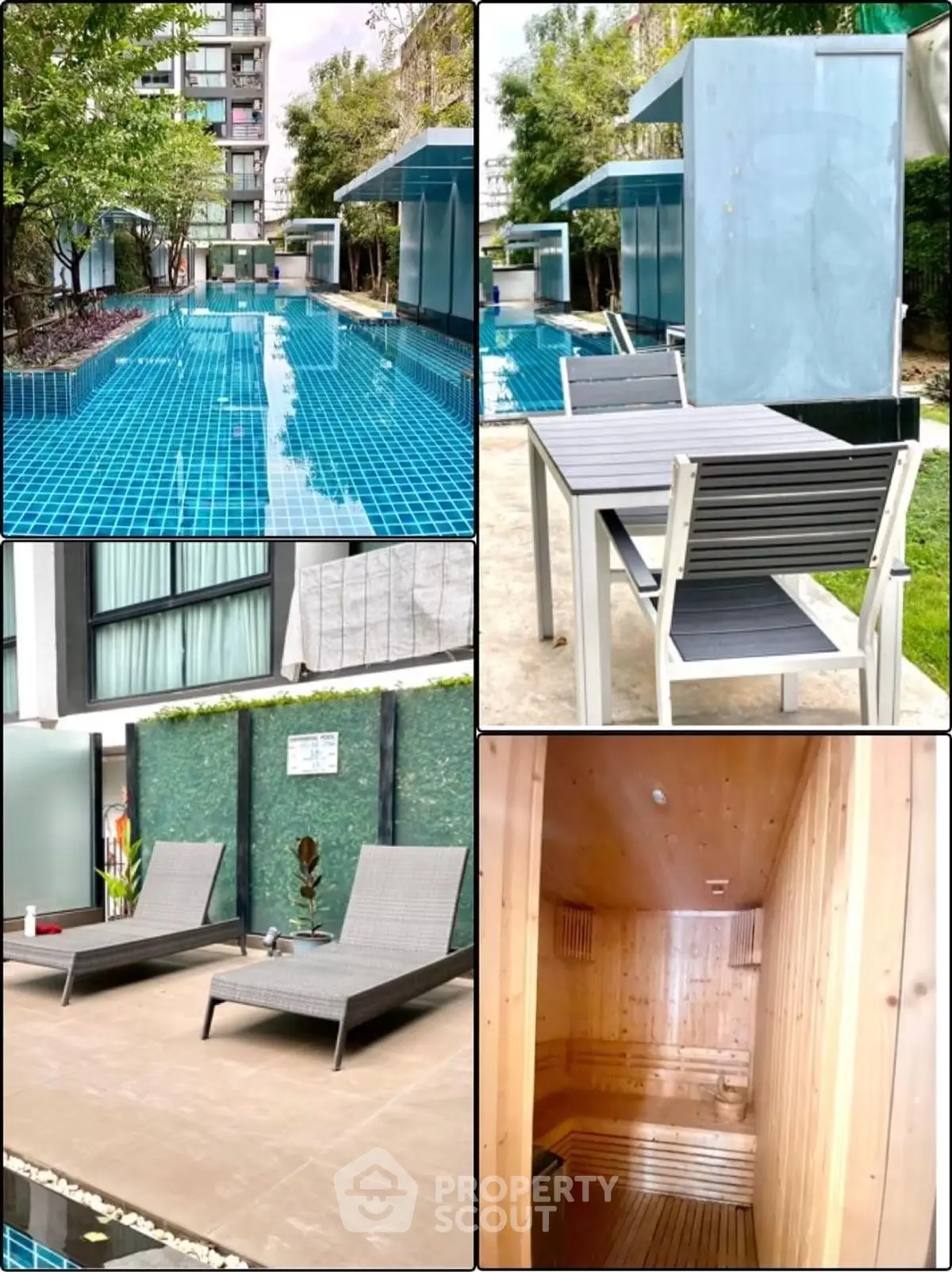 Luxurious condo amenities featuring a pool, sauna, and outdoor seating area.