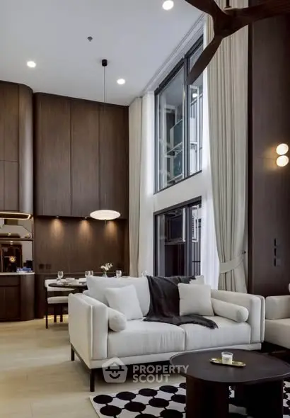 Luxurious modern living room with high ceilings and elegant decor