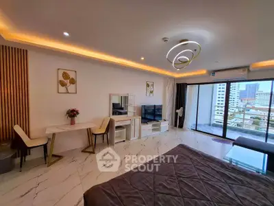 Luxurious modern living room with elegant decor and city view balcony.