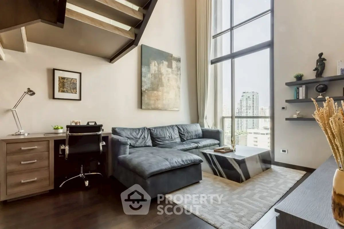 Luxurious modern living room with high ceilings and city view, featuring sleek furniture and elegant decor.