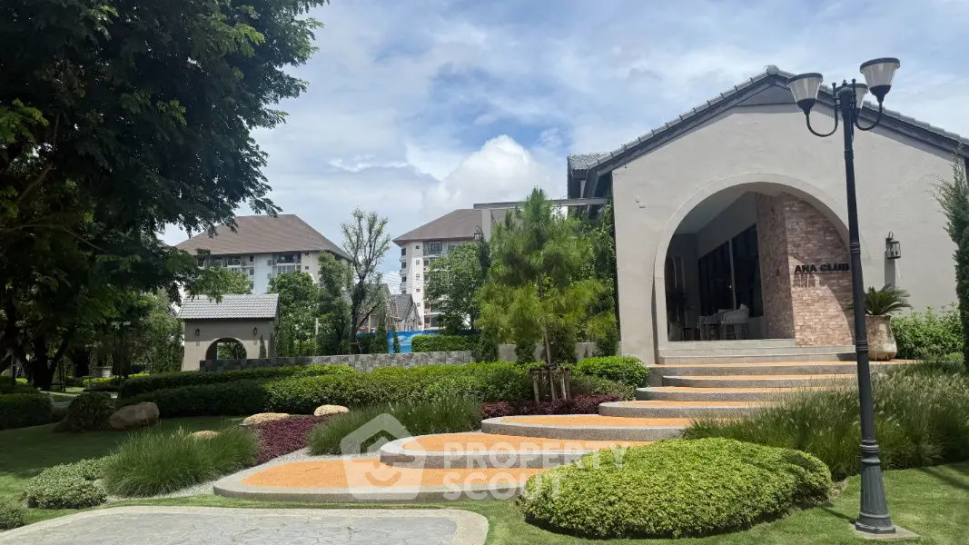 Charming residential entrance with lush landscaping and modern architecture