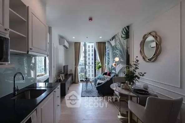 Stylish modern living room with open kitchen and city view balcony